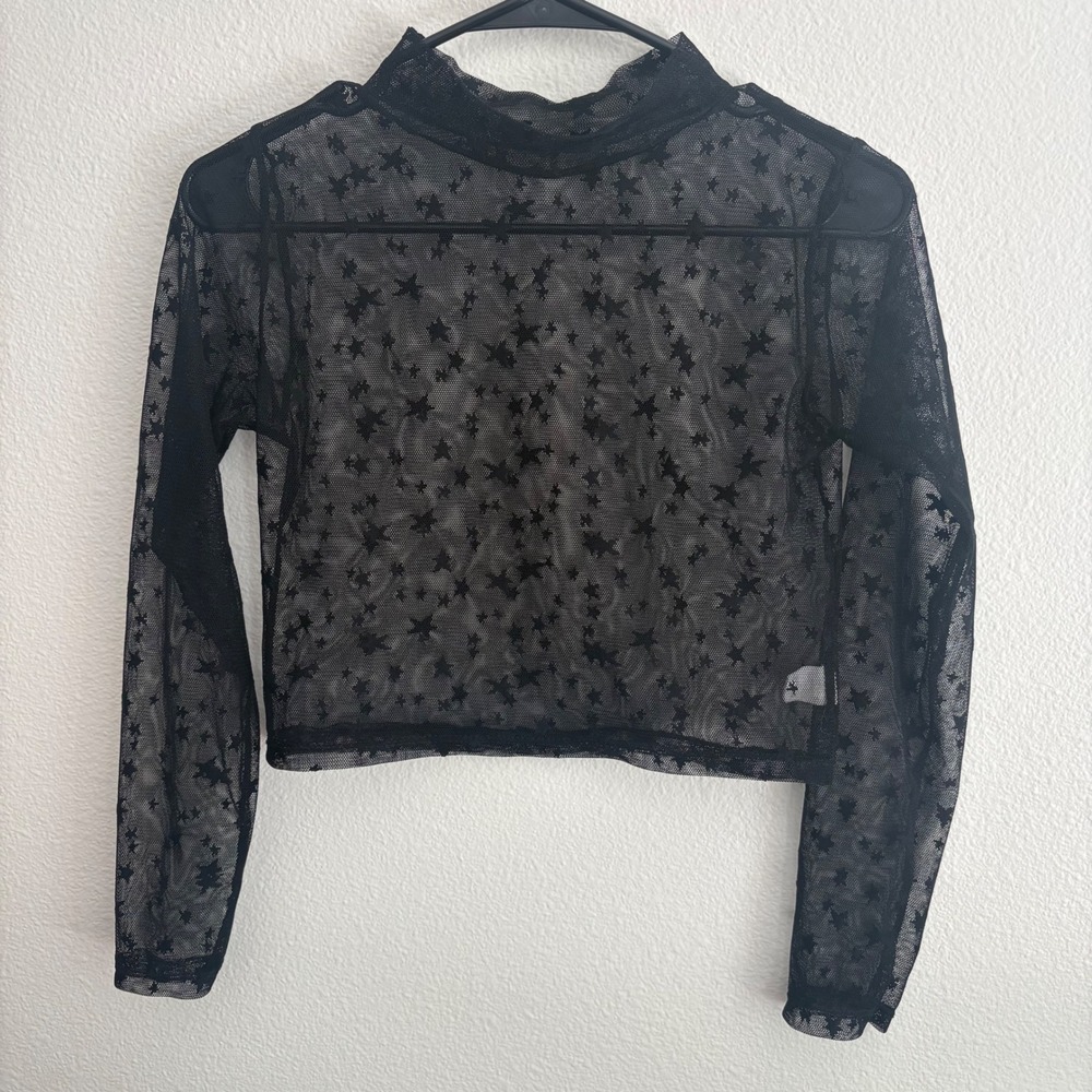 Black Sheer Mesh Mock Neck Long Sleeve Star Print Crop Top Celestial Slim Fit